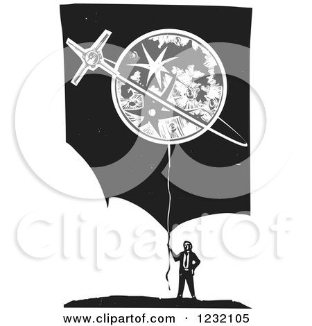 Clipart of a Woodcut Businessman with a Moon and Stars Balloon over Clouds and Stars - Royalty Free Vector Illustration by xunantunich
