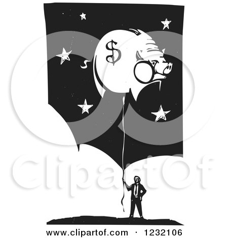 Clipart of a Woodcut Businessman with a Dollar Piggy Bank Balloon over Clouds and Stars - Royalty Free Vector Illustration by xunantunich