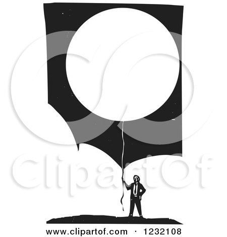 Clipart of a Woodcut Businessman with a Balloon over Clouds and Stars - Royalty Free Vector Illustration by xunantunich