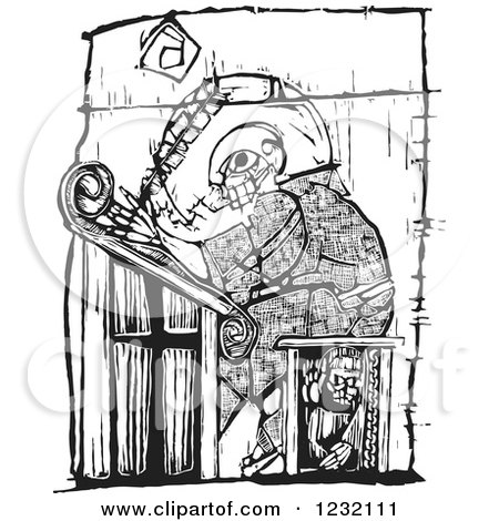 Clipart of a Woodcut Monk Scribe Writing in Black and White - Royalty Free Vector Illustration by xunantunich