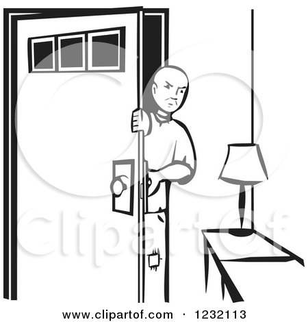 Clipart of a Woodcut Poor Man Coming Home, in Black and White - Royalty Free Vector Illustration by xunantunich