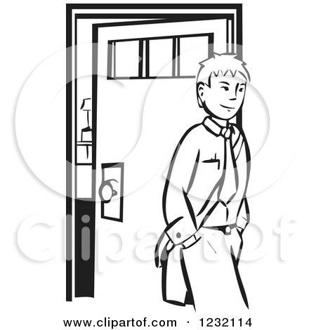 Clipart of a Woodcut Businessman Leaving to Go to Work, in Black and White - Royalty Free Vector Illustration by xunantunich