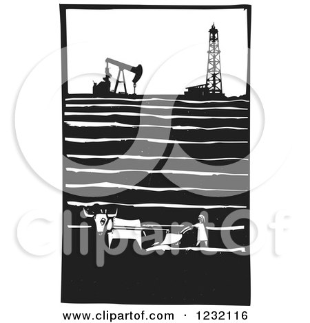Clipart of a Woodcut Plowing Farmer near an Oil Field - Royalty Free Vector Illustration by xunantunich