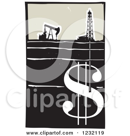 Clipart of a Woodcut Oil Rig and Drilling for a Money Dollar Symbol - Royalty Free Vector Illustration by xunantunich