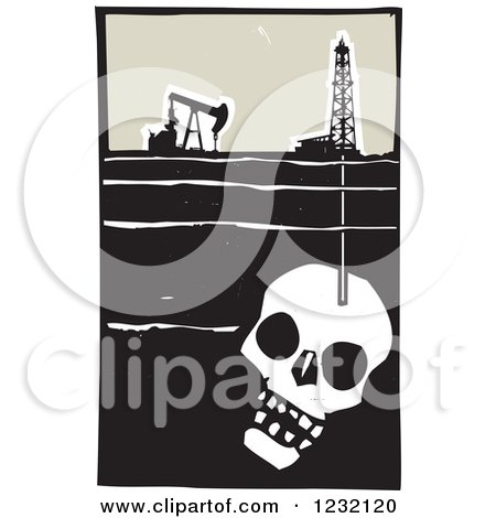 Clipart of a Woodcut Oil Rig and Drilling for Death in a Skull - Royalty Free Vector Illustration by xunantunich