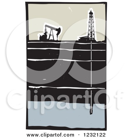 Clipart of a Woodcut Oil Rig and Fracking Drill - Royalty Free Vector Illustration by xunantunich