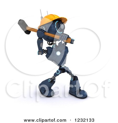 Clipart of a 3d Blue Android Construction Robot Demolishing with a Sledgehammer - Royalty Free Illustration by KJ Pargeter