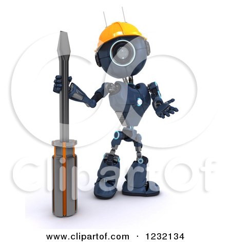 Clipart of a 3d Blue Android Robot with a Screwdriver - Royalty Free Illustration by KJ Pargeter
