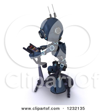 Clipart of a 3d Android Robot Exercising on a Stationary Gym Bike - Royalty Free Illustration by KJ Pargeter