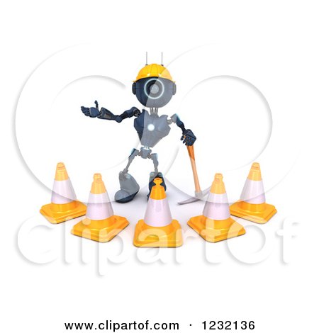 Clipart of a 3d Blue Android Construction Robot with Cones and a Pickaxe - Royalty Free Illustration by KJ Pargeter