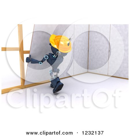 Clipart of a 3d Blue Android Construction Robot Hanging Drywall - Royalty Free Illustration by KJ Pargeter