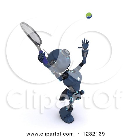 Clipart of a 3d Blue Android Robot Serving a Tennis Ball - Royalty Free Illustration by KJ Pargeter