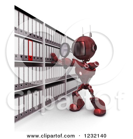 Clipart of a 3d Red Android Robot Searching in an Archive Room - Royalty Free Illustration by KJ Pargeter