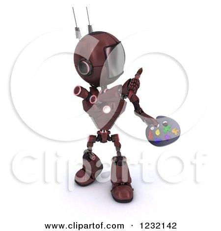 Clipart of a 3d Red Android Robot Artist Painting - Royalty Free Illustration by KJ Pargeter