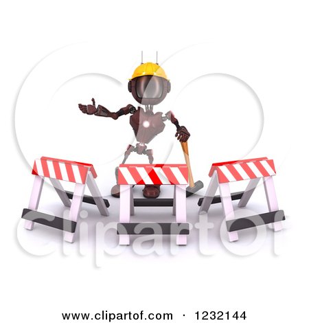Clipart of a 3d Red Android Construction Robot Gesturing Behind Barriers - Royalty Free Illustration by KJ Pargeter
