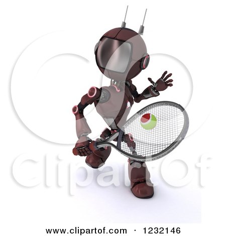 Clipart of a 3d Red Android Robot Playing Tennis - Royalty Free Illustration by KJ Pargeter