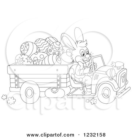 Clipart of an Outlined Easter Bunny Driving a Truck Full of Eggs - Royalty Free Vector Illustration by Alex Bannykh