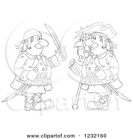 Clipart of an Outlined Pirate Captain and Friend - Royalty Free Vector Illustration by Alex Bannykh