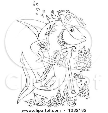 Clipart of an Outlined Pirate Shark with Corals - Royalty Free Vector Illustration by Alex Bannykh