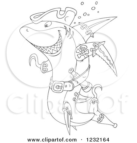 Clipart of an Outlined Pirate Shark - Royalty Free Vector Illustration by Alex Bannykh