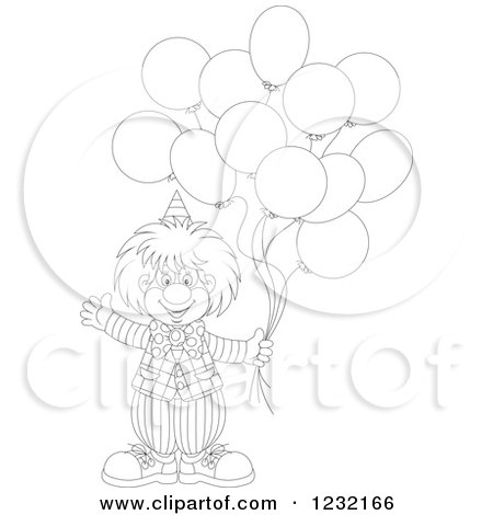 Clipart of an Outlined Clown Waving and Holding Balloons - Royalty Free Vector Illustration by Alex Bannykh