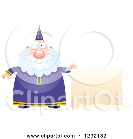 Clipart of a Happy Male Wizard Holding a Scroll Sign - Royalty Free Vector Illustration by Cory Thoman