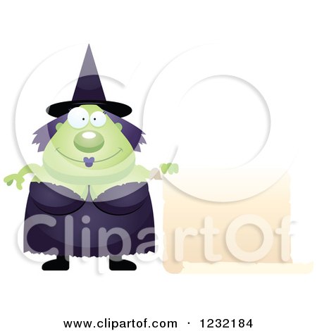 Clipart of a Happy Green Witch with a Scroll Sign - Royalty Free Vector Illustration by Cory Thoman