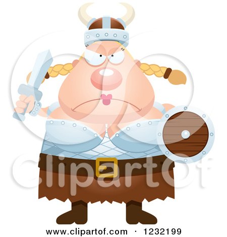 Clipart of a Mad Tough Blond Viking Woman with a Sword and Shield - Royalty Free Vector Illustration by Cory Thoman