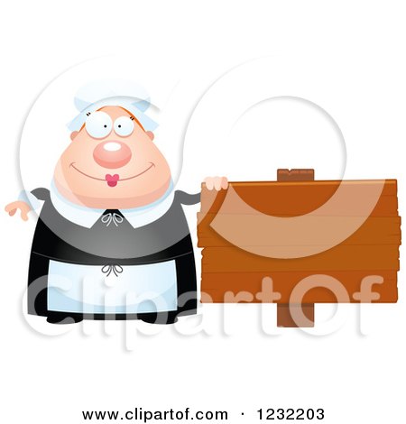 Clipart of a Happy Female Thanksgiving Pilgrim by a Wood Sign - Royalty Free Vector Illustration by Cory Thoman