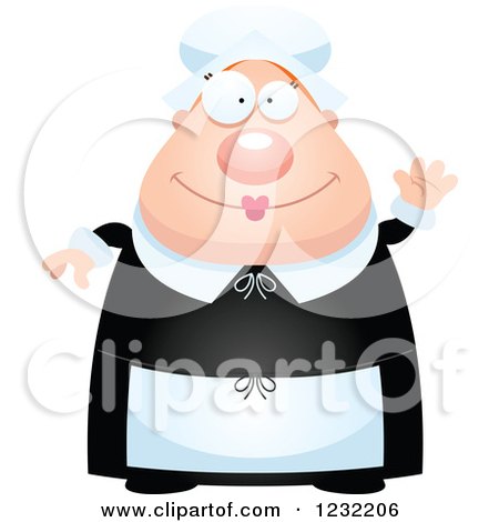 Clipart of a Friendly Waving Female Thanksgiving Pilgrim - Royalty Free Vector Illustration by Cory Thoman