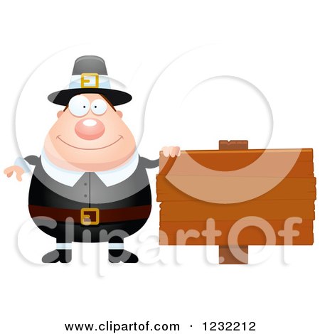 Clipart of a Happy Male Thanksgiving Pilgrim by a Wood Sign - Royalty Free Vector Illustration by Cory Thoman