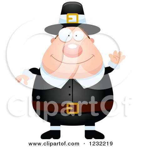 Clipart of a Friendly Waving Male Thanksgiving Pilgrim - Royalty Free Vector Illustration by Cory Thoman