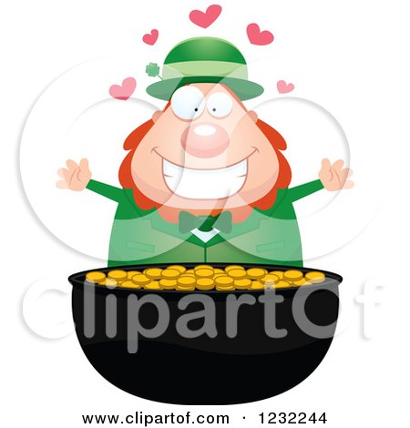 Clipart of a Happy St Patricks Day Leprechaun with Hearts over a Pot of Gold - Royalty Free Vector Illustration by Cory Thoman