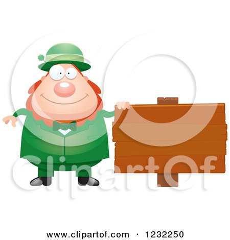 Clipart of a Happy St Patricks Day Leprechaun by a Wood Sign - Royalty Free Vector Illustration by Cory Thoman