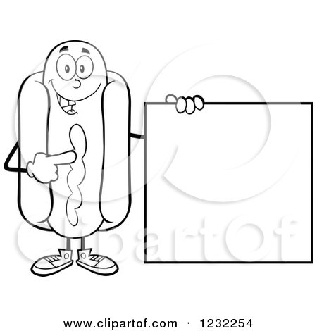 Clipart of a Black and White Hot Dog Mascot Pointing to a Sign - Royalty Free Vector Illustration by Hit Toon