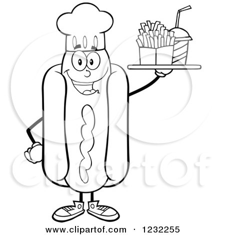 Clipart of a Black and White Chef Hot Dog Mascot with a Soda and Fries - Royalty Free Vector Illustration by Hit Toon