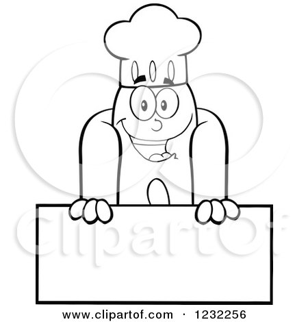Clipart of a Black and White Hot Dog Chef Mascot over a Sign - Royalty Free Vector Illustration by Hit Toon