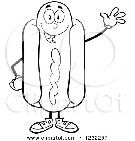 Clipart of a Black and White Waving Hot Dog Mascot - Royalty Free Vector Illustration by Hit Toon
