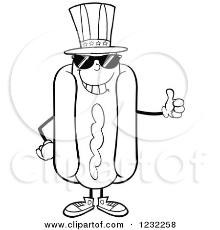 Clipart of a Black and White American Hot Dog Mascot with Shades and a Thumb up - Royalty Free Vector Illustration by Hit Toon