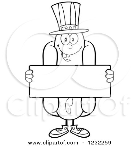 Clipart of a Black and White American Hot Dog Mascot Holding a Sign - Royalty Free Vector Illustration by Hit Toon