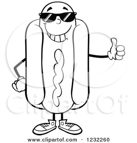 Clipart of a Black and White Hot Dog Mascot in Shades, Holding a Thumb up - Royalty Free Vector Illustration by Hit Toon
