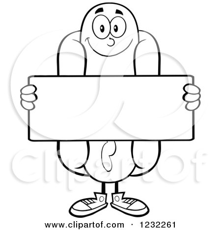 Clipart of a Black and White Hot Dog Mascot Holding a Sign - Royalty Free Vector Illustration by Hit Toon