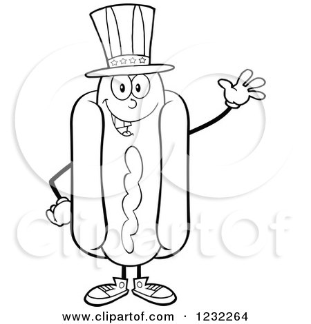 Clipart of a Black and White Waving American Hot Dog Mascot - Royalty Free Vector Illustration by Hit Toon