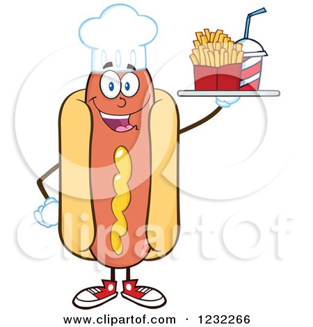 Clipart of a Chef Hot Dog Mascot with a Soda and Fries - Royalty Free Vector Illustration by Hit Toon