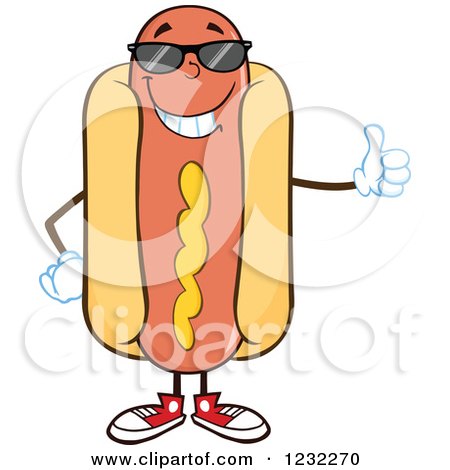 Clipart of a Hot Dog Mascot in Shades, Holding a Thumb up - Royalty Free Vector Illustration by Hit Toon