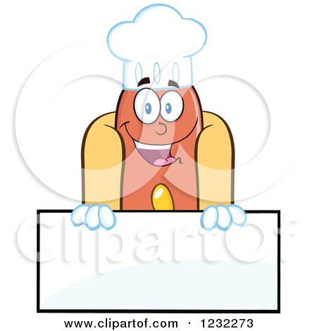 Clipart of a Hot Dog Chef Mascot over a Sign - Royalty Free Vector Illustration by Hit Toon