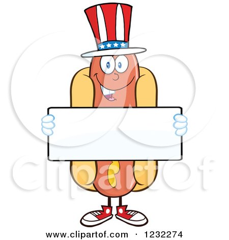 Clipart of an American Hot Dog Mascot Holding a Sign - Royalty Free Vector Illustration by Hit Toon