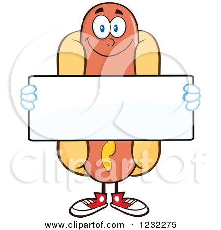 Clipart of a Hot Dog Mascot Holding a Sign - Royalty Free Vector Illustration by Hit Toon