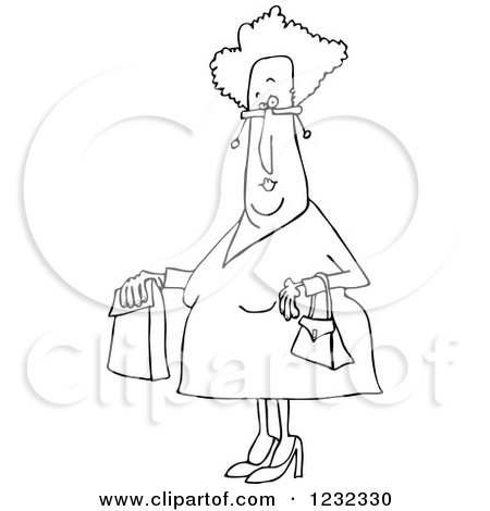 Clipart of a Black and White Senior Woman with a Paper Bag - Royalty Free Vector Illustration by djart