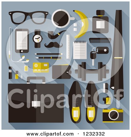 Clipart of Business Man Items Including Accessories and Tools, on Blue - Royalty Free Vector Illustration by elena